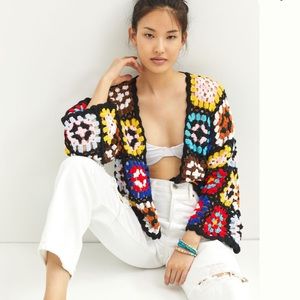 Anthropologie Color Block Square Crocheted Cardigan Size OS